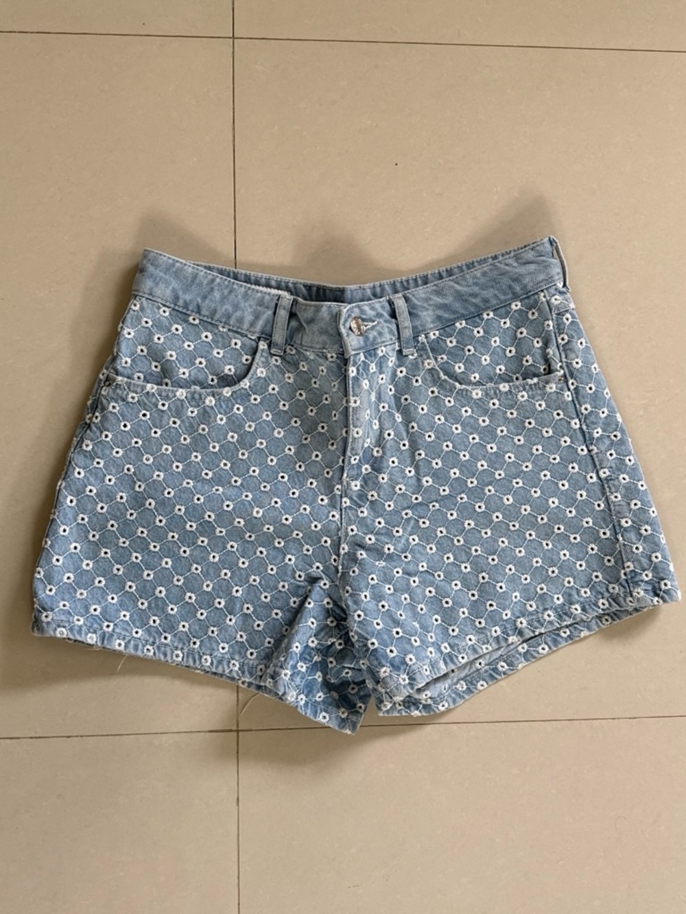 Zara Light Blue Denim Eyelet Embroidery Shorts